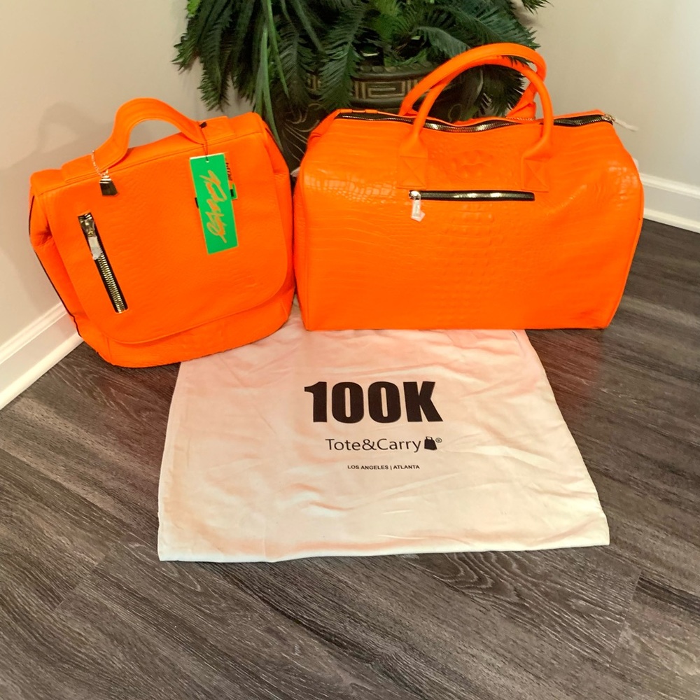 🧡 NEON ORANGE 🧡 TOTE & CARRY Luxury 2 piece Vegan Leather TRAVEL Set